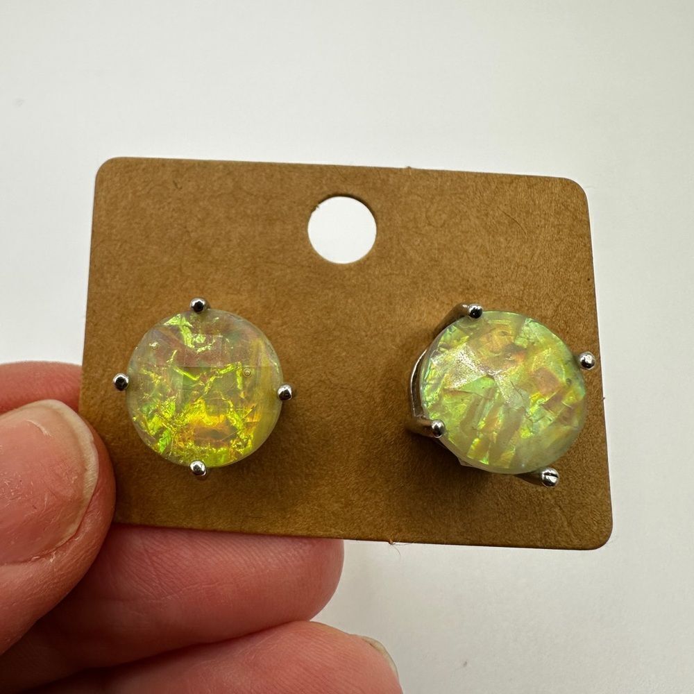 SALE! 12mm round faux opal stud earrings in silver toned metal!
